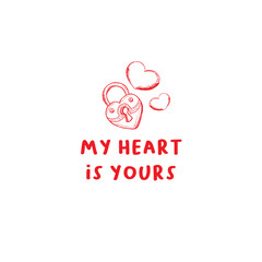 Obraz premium Valentines Day Lock Heart Greeting Card or Poster with Sketch. Laser Cutting File Isolated on White Background. Vector Engraved with Lettering Wishes Love You