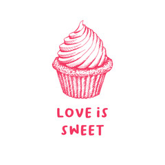 Valentines Day Cupcake Greeting Card or Poster with Sketch. Laser Cutting File Isolated on White Background. Vector Engraved with Lettering Wishes Love Is Sweet