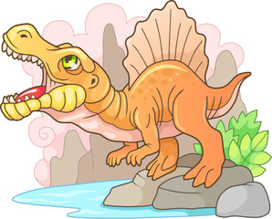 Cartoon prehistoric predatory dinosaur Spinosaurus, funny illustration