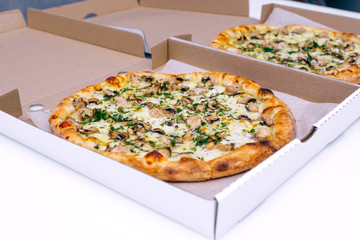 Two pizzas in a cardboard box on a light background. Top view. Pizza delivery. Pizza menu. Pizza on the kitchen table.