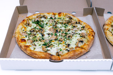 Two pizzas in a cardboard box on a light background. Top view. Pizza delivery. Pizza menu. Pizza on the kitchen table.