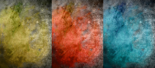 three old wall textures in blue red and yellow 