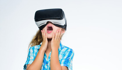 Virtual education for school pupil. Get virtual experience. Virtual reality concept. Girl cute child with head mounted display on white background. Small kid use modern technology virtual reality