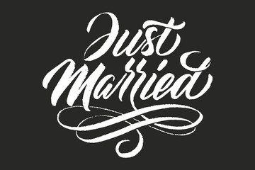Hand drawn grunge lettering Just Married. Elegant isolated modern handwritten calligraphy. Vector Ink illustration for Wedding Day. Typography poster. For cards, invitations, prints etc.