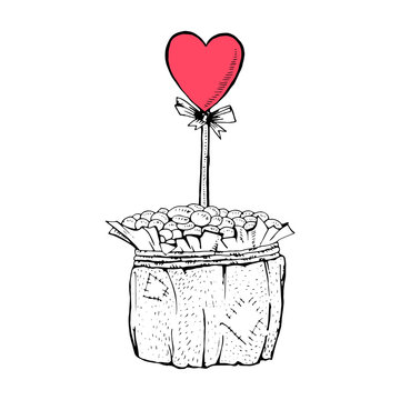 Coffee pot with red heart on stick. Sketch monochrome illustration. Handmade coffee beans pot with heart. Valentines Day gift concept. Love day postcards line art design. Isolated vector
