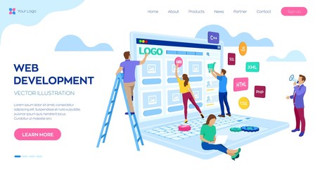 Web development. Project team of engineers for website create. Webpage building. UI UX design. Characters on a concept. Web agency. Template for programmer or designer. Vector illustration.