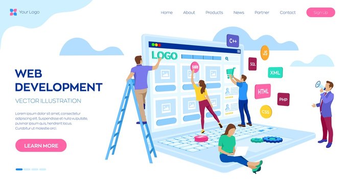 Web development. Project team of engineers for website create. Webpage building. UI UX design. Characters on a concept. Web agency. Template for programmer or designer. Vector illustration.