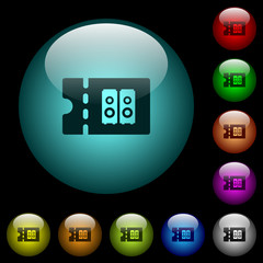 Hi-fi shop discount coupon icons in color illuminated glass buttons