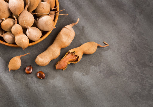 Tamarind tropical fruit - Tamarindus indica. Top view