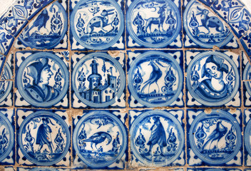 Spanish design of tile for walls of Alcazar, example of historical decoration of 14th century, interior of royal palace, Seville