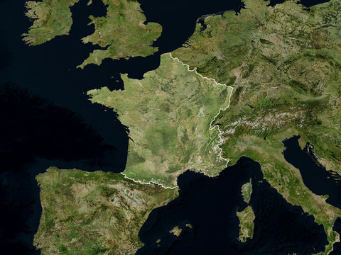 Satellite image of France with borders (Isolated imagery of France. Elements of this image furnished by NASA)