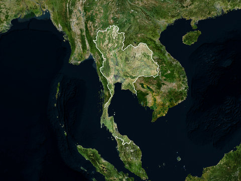 Satellite image of Thailand with borders (Isolated imagery of Thailand. Elements of this image furnished by NASA)