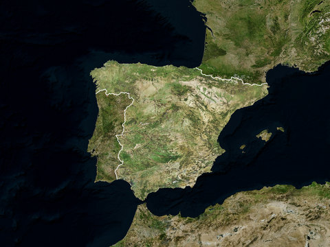 Satellite image of Spain with borders (Isolated imagery of Spain. Elements of this image furnished by NASA)