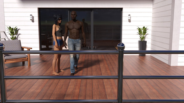 Illustration of a man and woman on a house deck with the man walking past the woman wearing sunglasses.