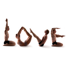 Yoga alphabet, athletes forming LOVE word over white background