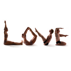 Yoga alphabet, athletes forming LOVE word over white background