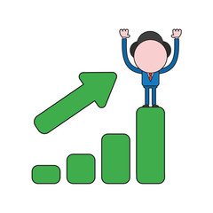 Vector businessman character standing on top of sales bar graph. Color and black outlines.