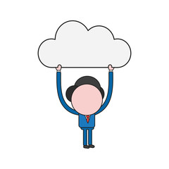 Vector businessman character holding up cloud. Color and black outlines.