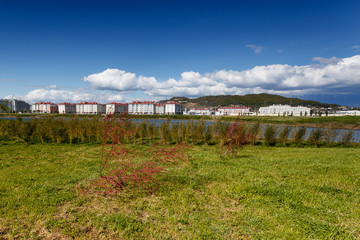 Obraz premium Adler, Sochi, Russia. Construction of Imereti lowland hotels and apartments. Red bush on a green lawn on the background of new buildings, mountains and white clouds