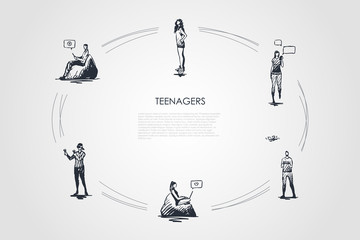 Teenagers - girls and boys playing with modern devices, communicating and riding segway vector concept set
