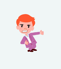 Businessman in casual style shows very angry something to his left.