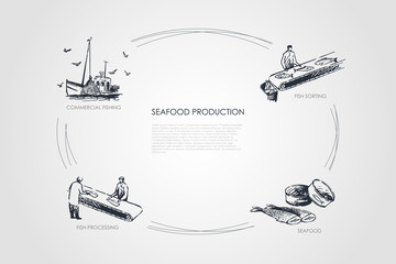 Seafood production - commercial fishing, fish sorting, seafood, fish processing vector concept set