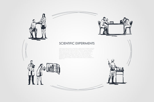 Scientific Experiment - medical workers making experiments with blood and tests in laboratory vector concept set
