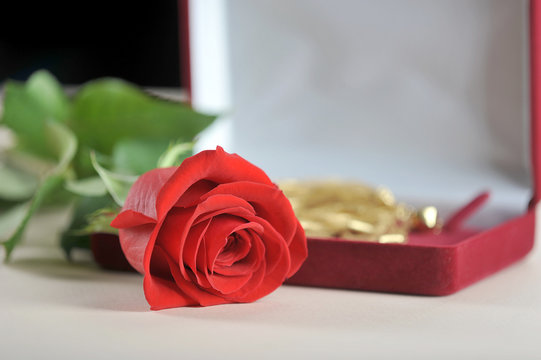 Velvet gift box with jewelry. Next to the box is one red rose. The perfect gift for the holiday and anniversary. Light background. Close-up. Macro shooting.