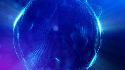 Particles form line and surface grid. 3d rendering. Science fiction background of glowing particles with depth of field and bokeh. Motion graphics microwold. Blue circular structure 3