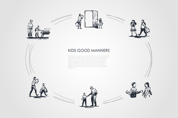 Kids good manners - boy helping girl to carry bag, giving piece of food, helping old people to walk, sit and carry bags vector concept set