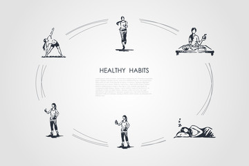 Healthy habits - running, eating healthy food, good sleeping, doing fitness and exercises vector concept set