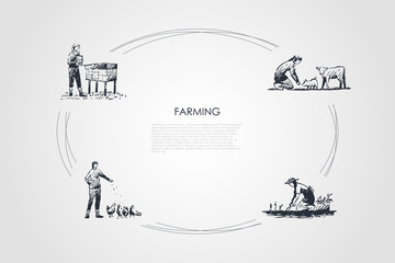 Farming - women feeding animals, picking harvest, taking care of hives vector concept set