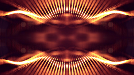 Particles form line and surface grid. 3d rendering. Science fiction golden background of glowing particles with depth of field and bokeh. Motion graphics microwold. 21