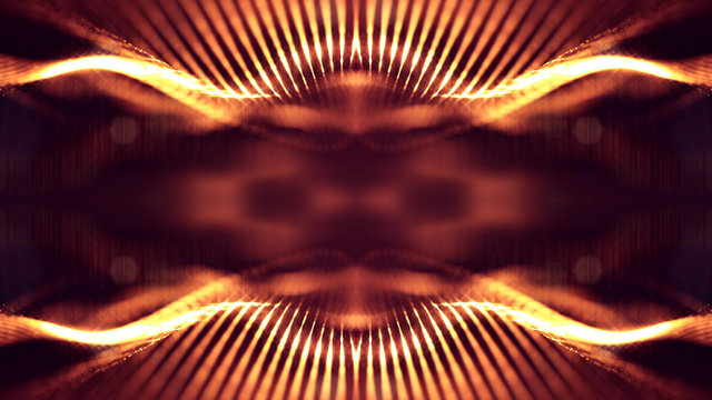 Particles form line and surface grid. 3d rendering. Science fiction golden background of glowing particles with depth of field and bokeh. Motion graphics microwold. 21