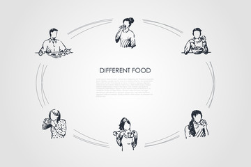 Different food - people eating various dishes and food from hands and plates vector concept set