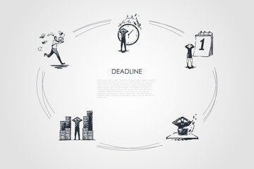 Deadline - business people hurrying up in office because of deadlines vector concept set