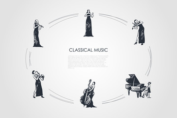 Classical music - women musicians playing flute, saxophone, cello, piano, violin, bell vector concept set