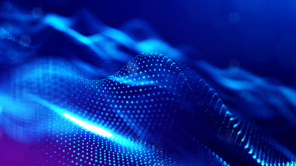 Particles form line and surface grid. 3d rendering. Science fiction background of glowing particles with depth of field and bokeh. Motion graphics microwold. Blue 25