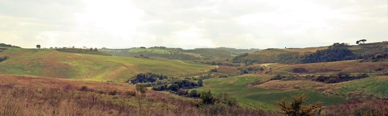 Fototapeta na wymiar Panorámica de paisaje natural otoñal de la Toscana, Italia.
