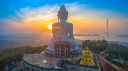 aerial view sunrise at Phuket big Buddha on hilltop.Phuket big Buddha is one of the island most important and revered .landmarks on Phuket island..