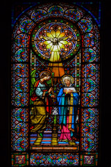 Stained-glass window with the image of the Saint in the mountain monastery Montserrat, Catalonia, Spain