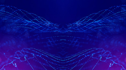 Particles form line and surface grid. 3d rendering. Science fiction background of glowing particles with depth of field and bokeh. Motion graphics microwold. Blue 14