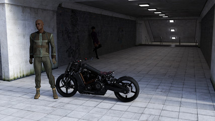 Illustration of a man standing next to a motorcycle looking into the distance with a lone woman in the background inside a dark tunnel entrance.