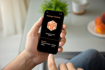 man hands holding phone with app tracking delivery package