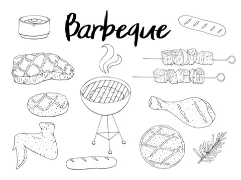 Collection of BBQ objects. set of barbecue elements, white and black. Hand drawn. Fast food. Can be used for cafe and restaurant menus, packaging, advertisements.
