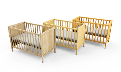 3d render of white wood pull-out children's bed on white background.