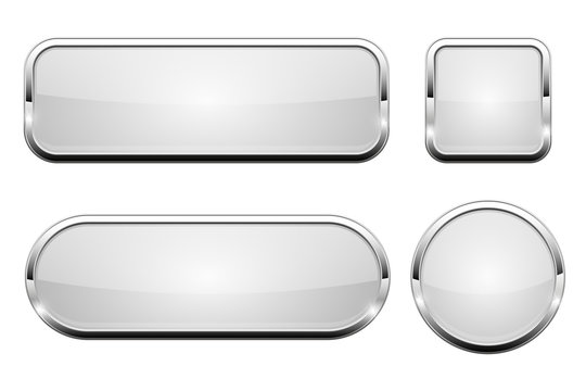 White glass 3d buttons. With chrome frame. Set of web icons