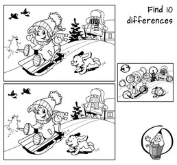 Winter holidays. Sledding little girl, skiing boy, dog and snowman. Find 10 differences. Educational game for children. Black and white cartoon vector illustration