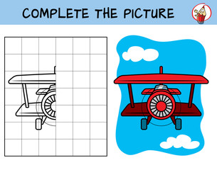 Complete the picture of a airplane. Copy the picture. Coloring book. Educational game for children. Cartoon vector illustration © Leh