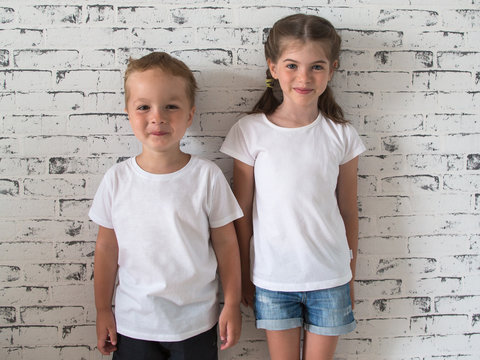 T-shirt Design Concept - Smiling Happy Children In White Blank T Shirt